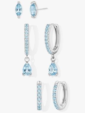 3pc 14k/925 Plated AQUAMARINE Drop & Hoop Earring Set. (Any Birthstone Avail)